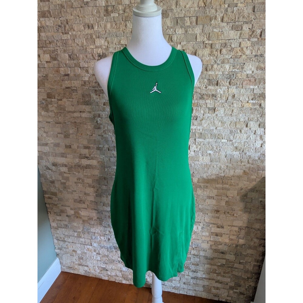 Jordan Green Embroidered Logo Basketball Mini Tight Fit Ribbed Sleeveless Dress